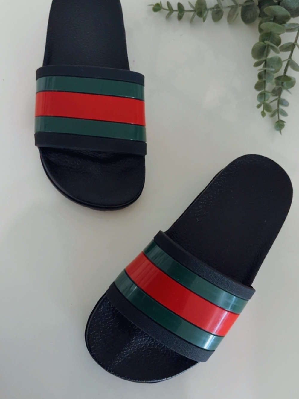 Black Slide Sandals with Green and Red Stripes
